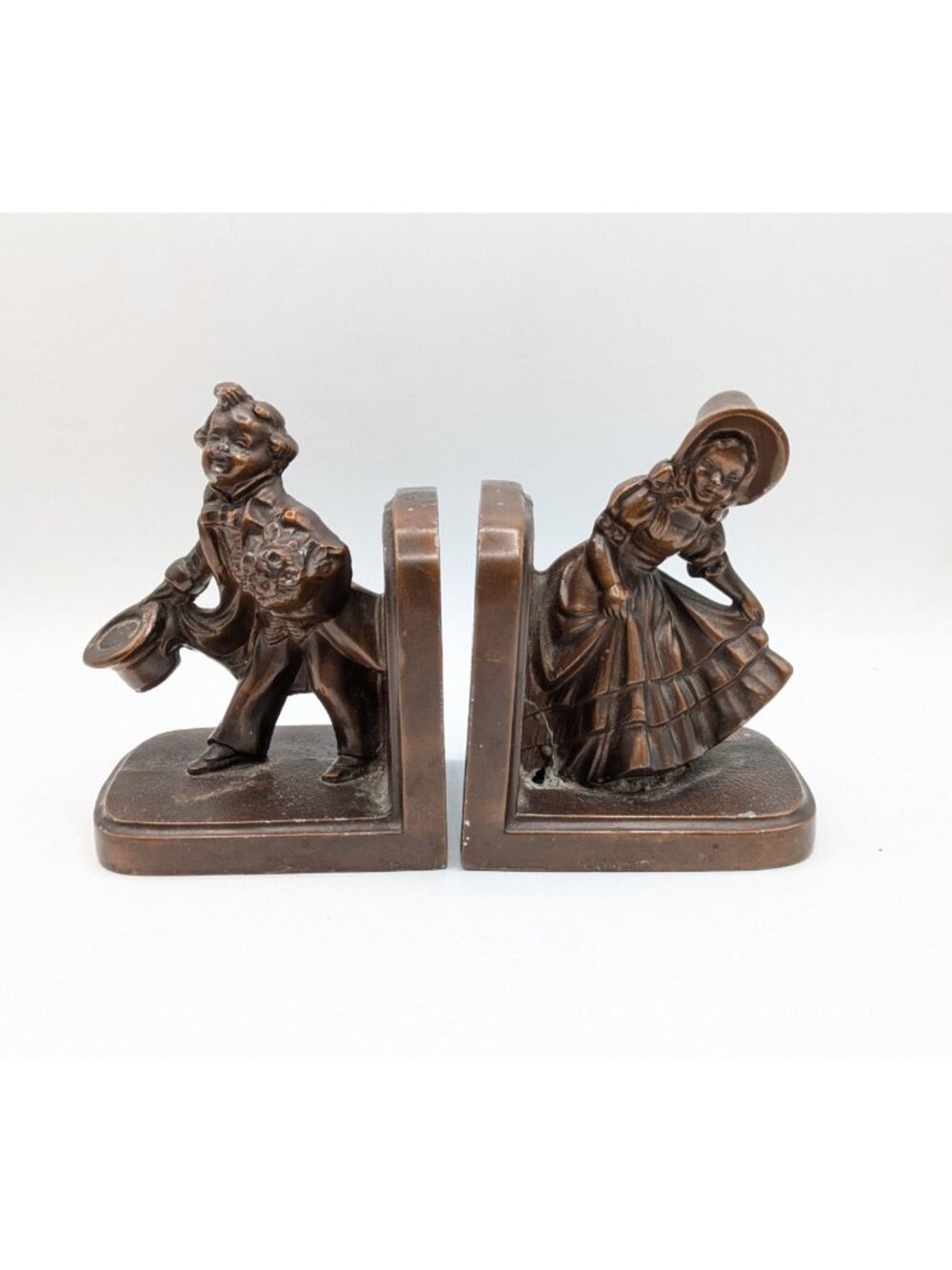 Vintage Hollow Cast Metal Bookends Nuart Creations Colonial Man and Woman